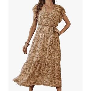 Pretty Garden Short-Sleeve Floral Summer Maxi Dress in Coffee - Small - New